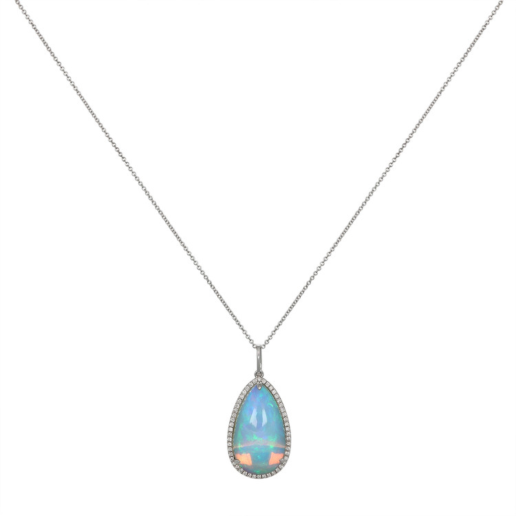 11.83 Ct. Opal Natural Diamond Halo Pendant, 14K White Gold