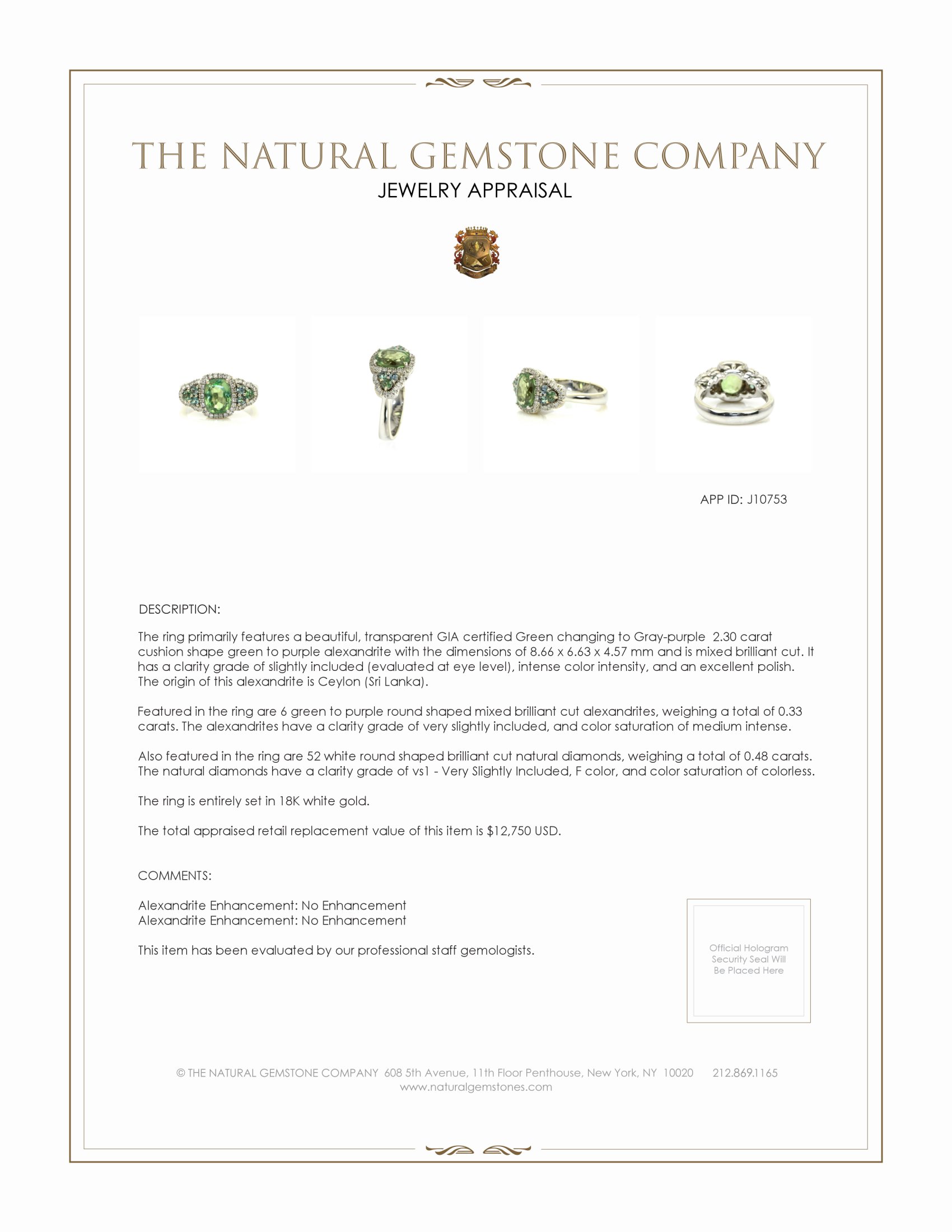 2.30 Ct. Alexandrite Natural Diamond Three Stone Ring, 18K White Gold