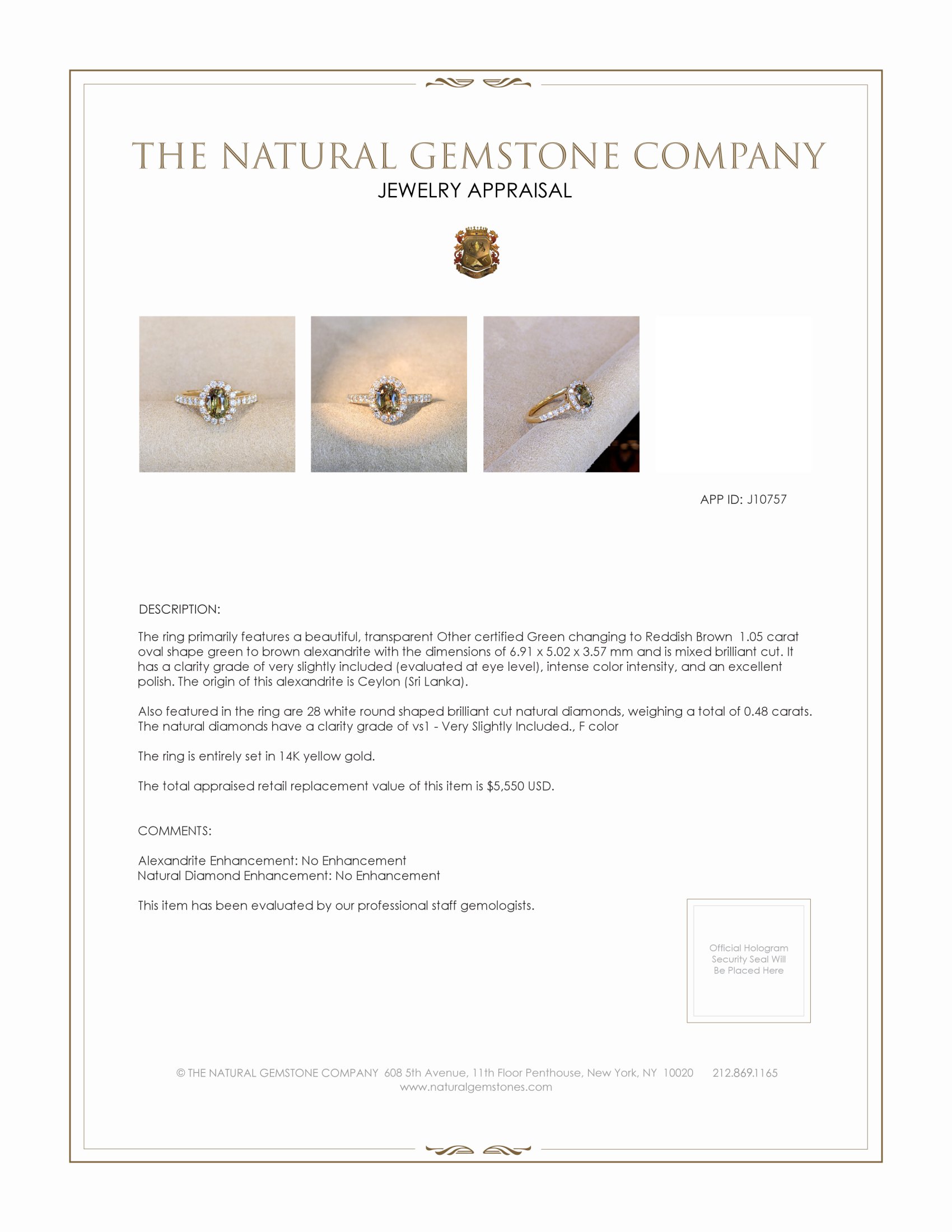 1.05 Ct. Alexandrite Natural Diamond Antique Style Ring, 14K Yellow Gold