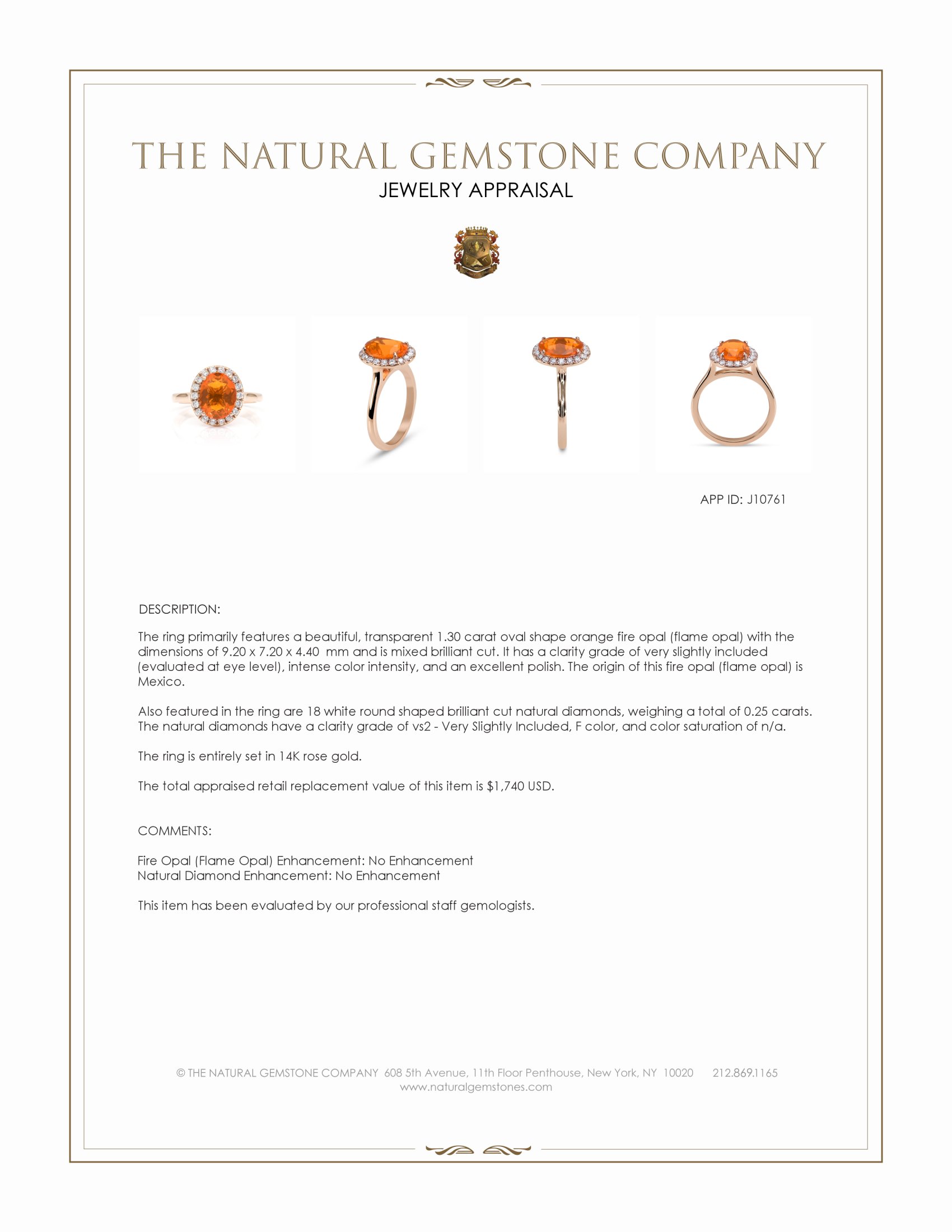1.30 Ct. Orange Fire Opal (Flame Opal) and Natural Diamond Pave Ring, 14K Rose Gold