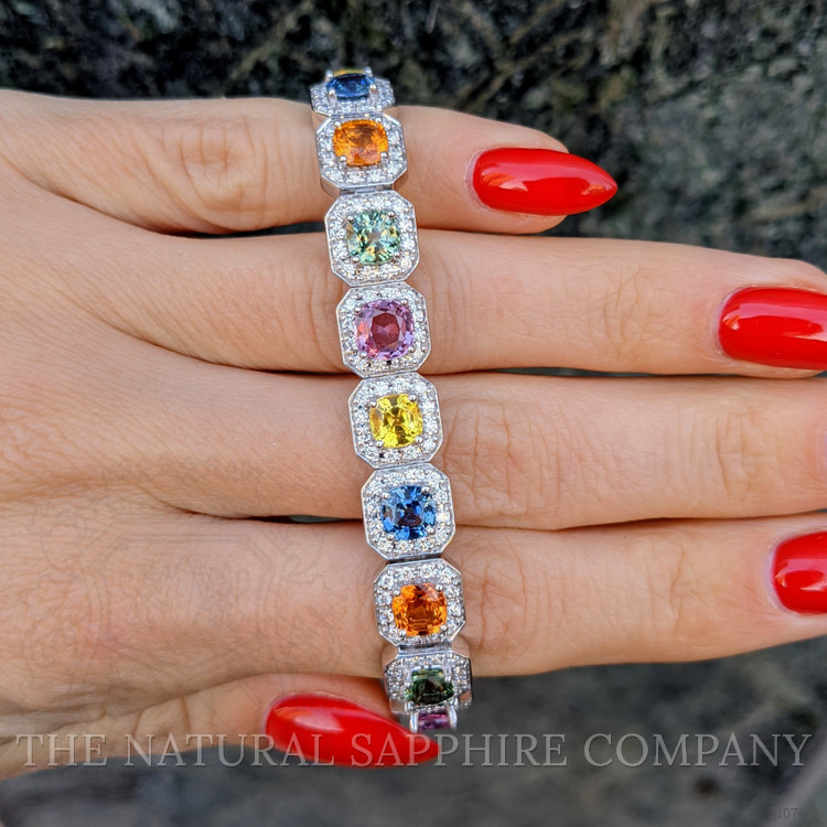 17.03 Ct.Tw. Multi Color Sapphire and Natural Diamond Halo Bracelet, 18K White Gold