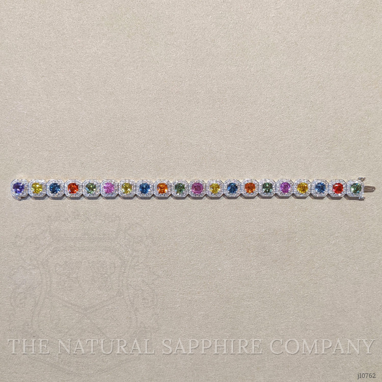 17.03 Ct.Tw. Multi Color Sapphire and Natural Diamond Halo Bracelet, 18K White Gold