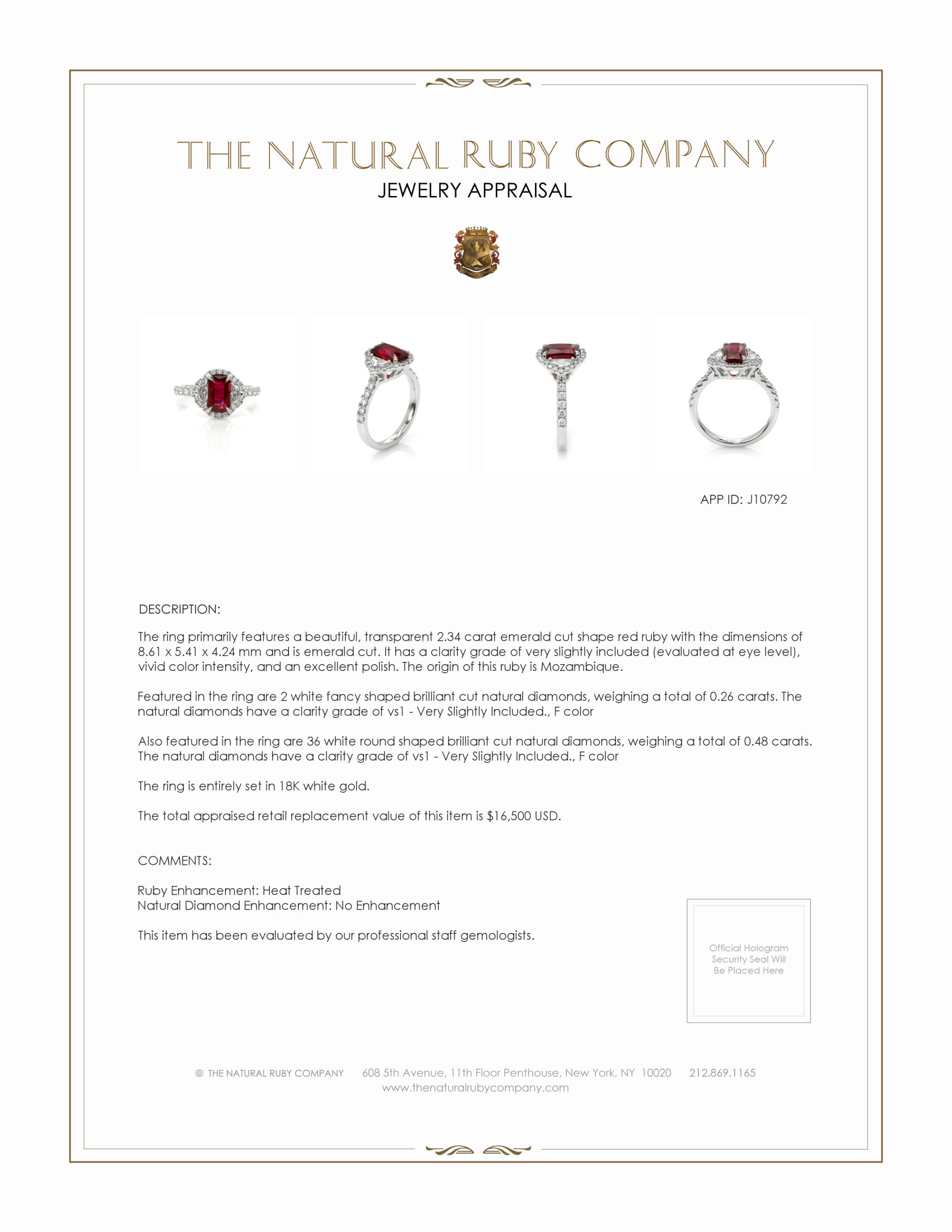 2.34 Ct. Ruby and Natural Diamond Three Stone Ring, 18K White Gold