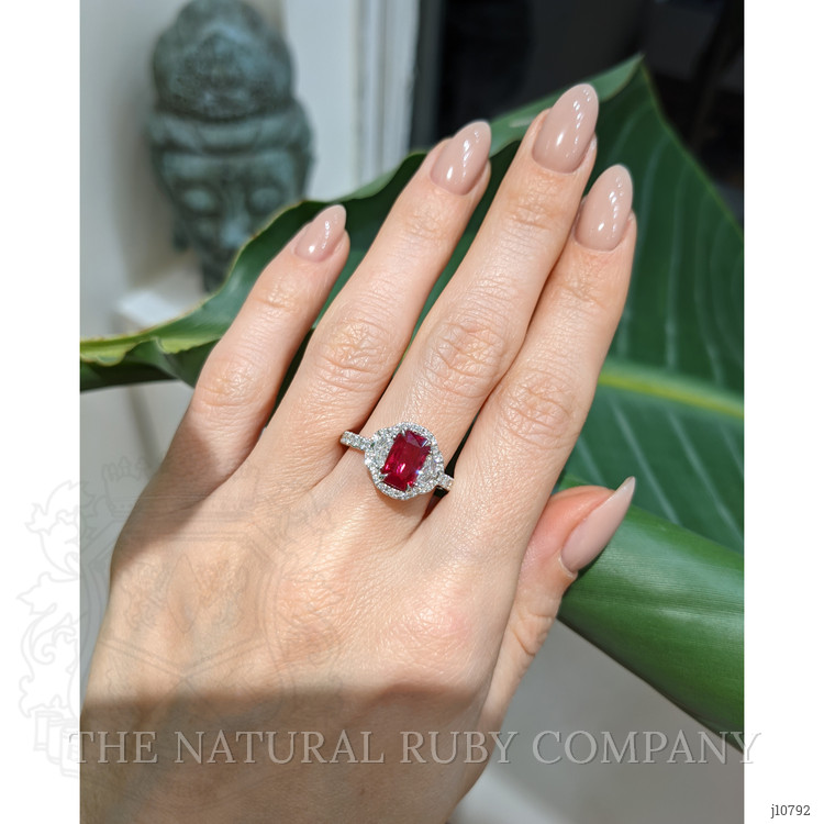 2.34 Ct. Ruby Natural Diamond Three Stone Ring, 18K White Gold