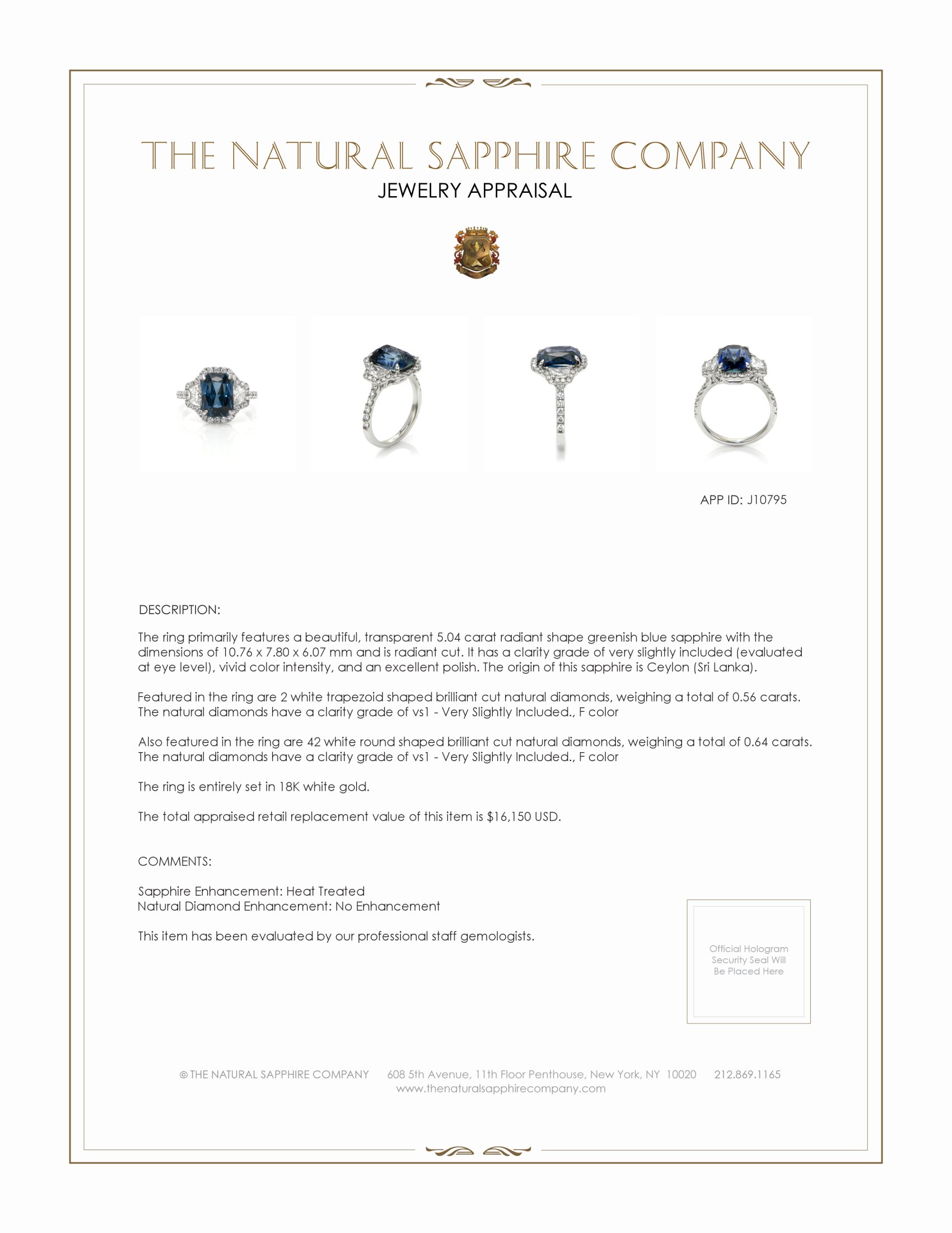 5.04 Ct. Greenish Blue Sapphire and Natural Diamond Three Stone Ring, 18K White Gold