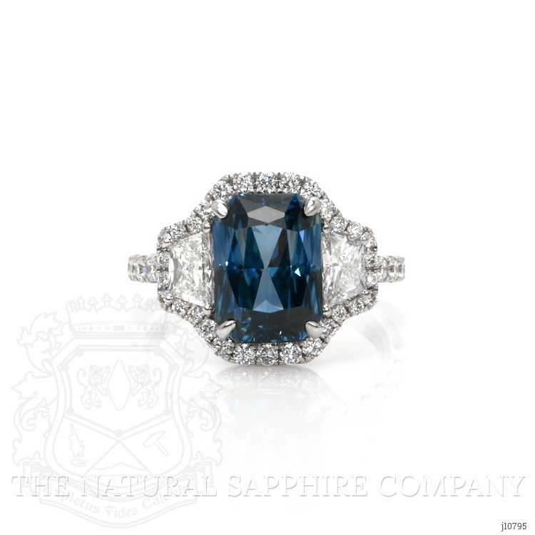 5.04 Ct. Greenish Blue Sapphire and Natural Diamond Three Stone Ring, 18K White Gold