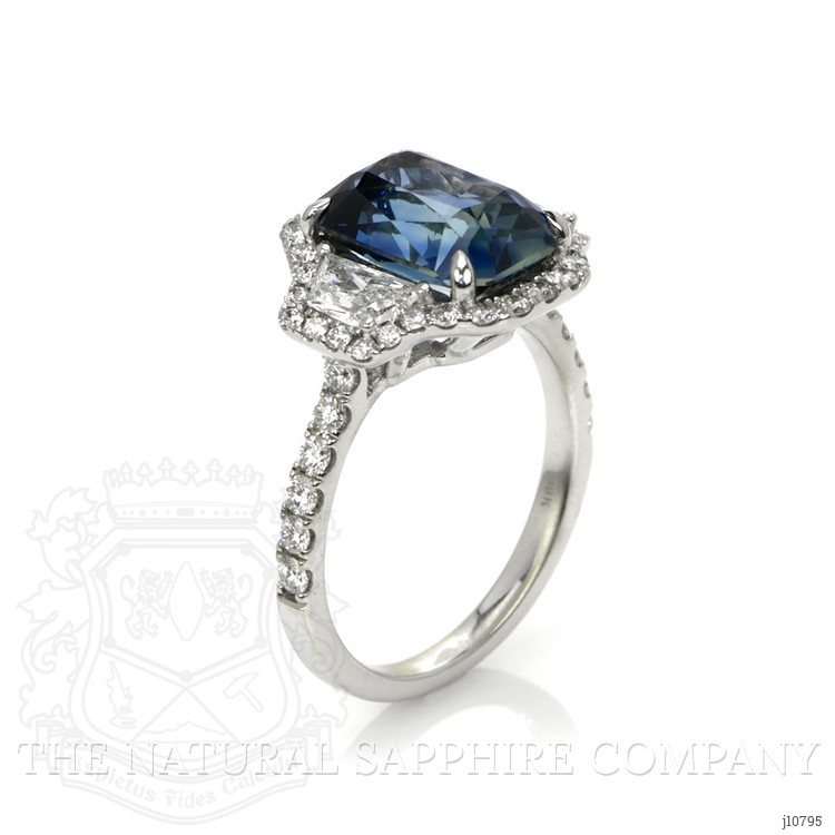 5.04 Ct. Greenish Blue Sapphire and Natural Diamond Three Stone Ring, 18K White Gold