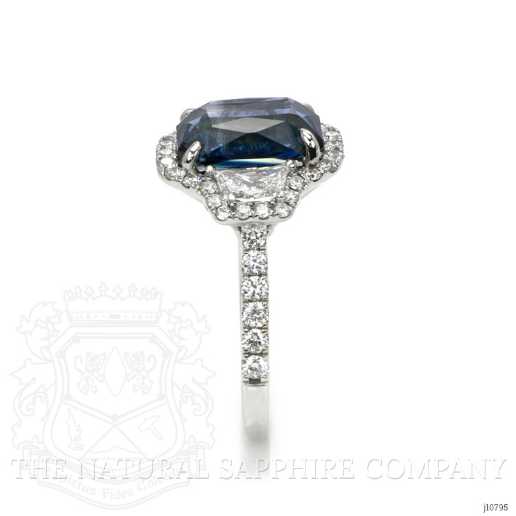 5.04 Ct. Greenish Blue Sapphire and Natural Diamond Three Stone Ring, 18K White Gold