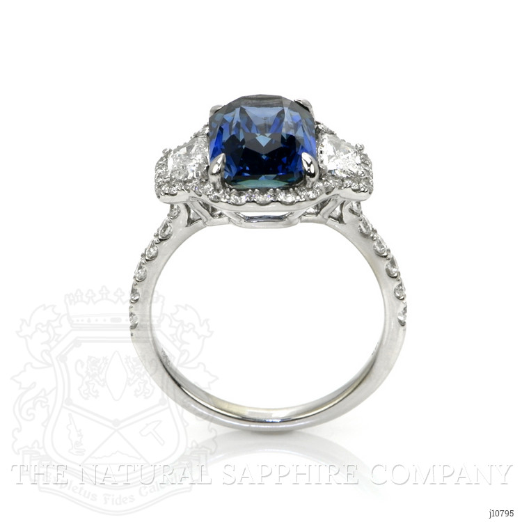 5.04 Ct. Greenish Blue Sapphire and Natural Diamond Three Stone Ring, 18K White Gold