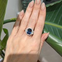 5.04 Ct. Greenish Blue Sapphire and Natural Diamond Three Stone Ring, 18K White Gold Life Style