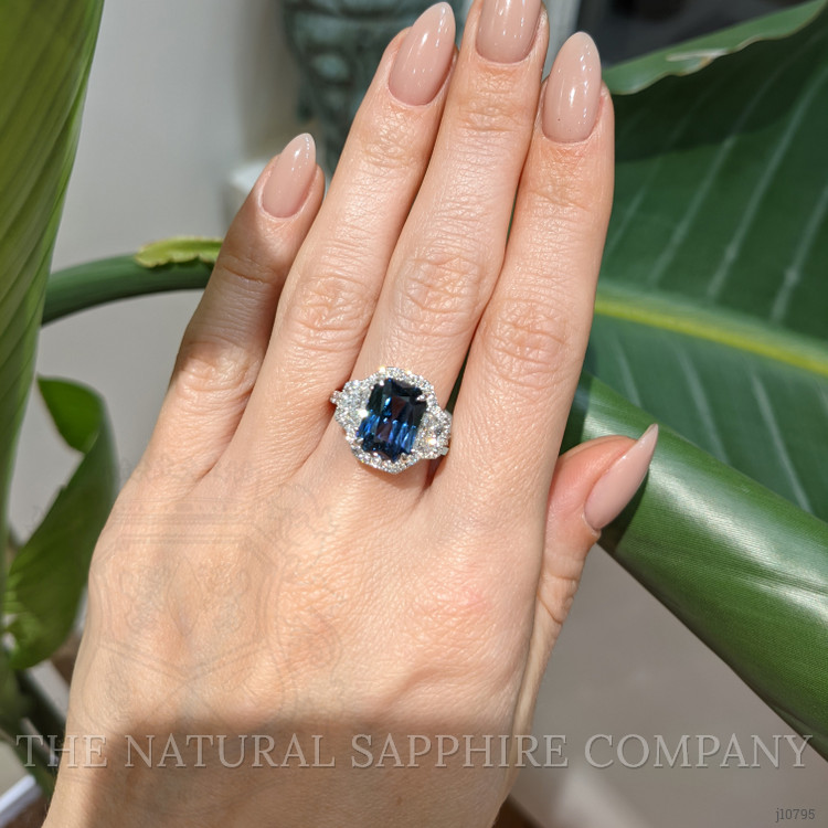 5.04 Ct. Greenish Blue Sapphire and Natural Diamond Three Stone Ring, 18K White Gold