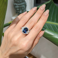 5.04 Ct. Greenish Blue Sapphire and Natural Diamond Three Stone Ring, 18K White Gold Life Style