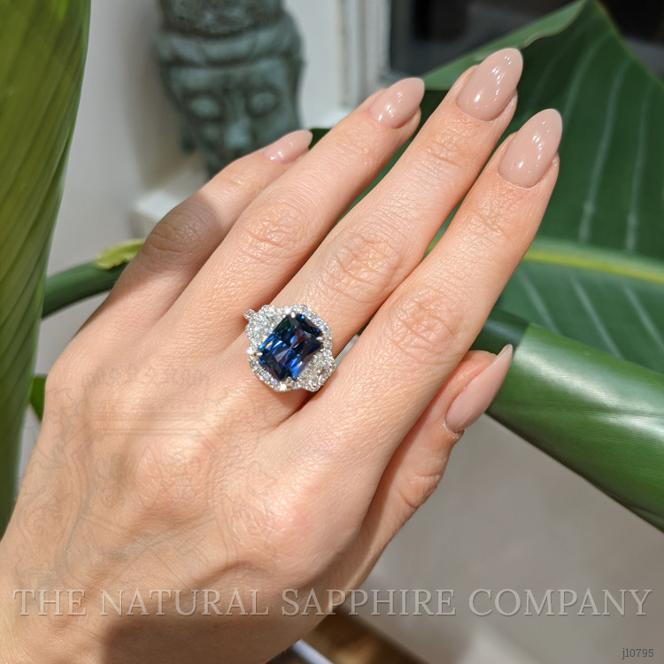 5.04 Ct. Greenish Blue Sapphire and Natural Diamond Three Stone Ring, 18K White Gold