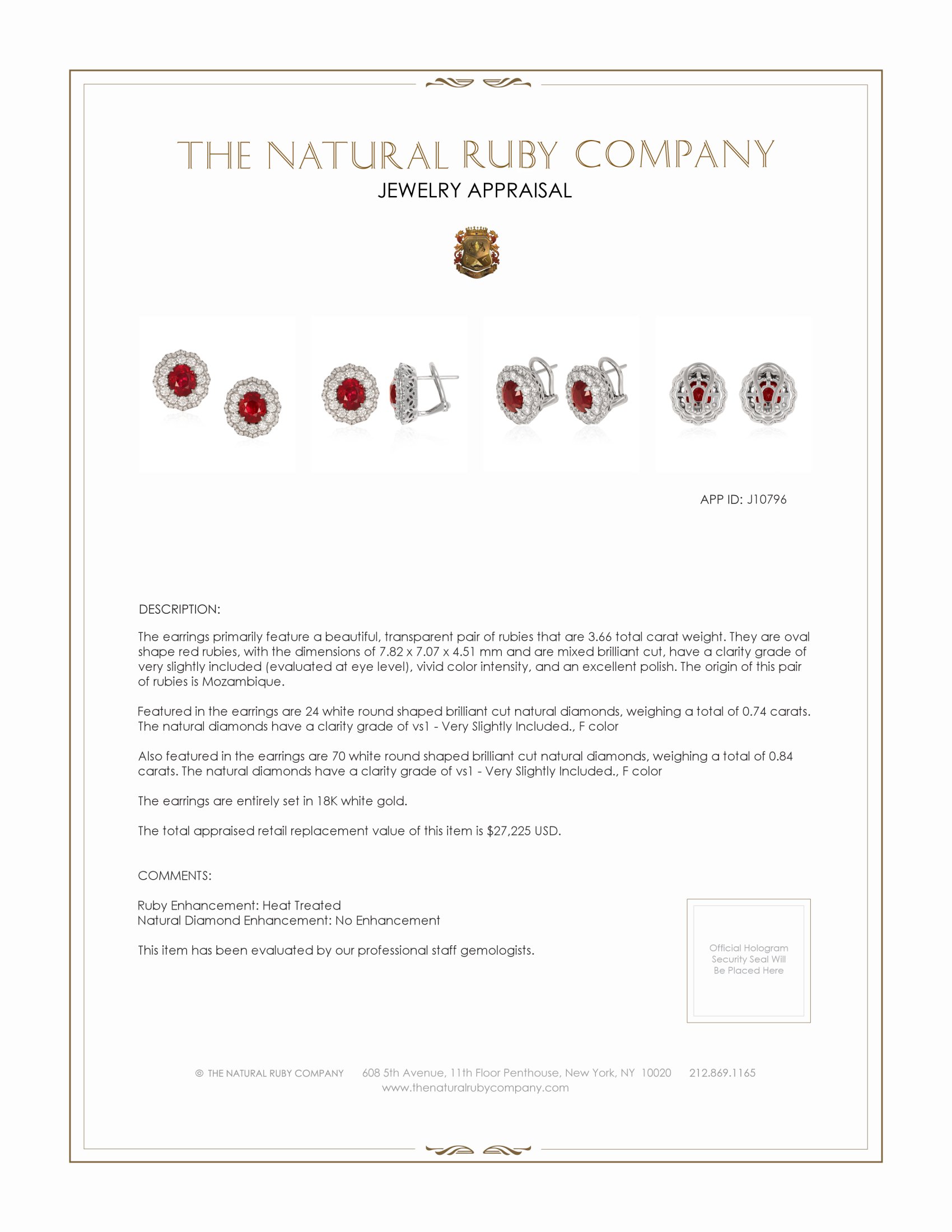3.66 Ct.Tw. Ruby Natural Diamond Studs Earrings, 18K White Gold