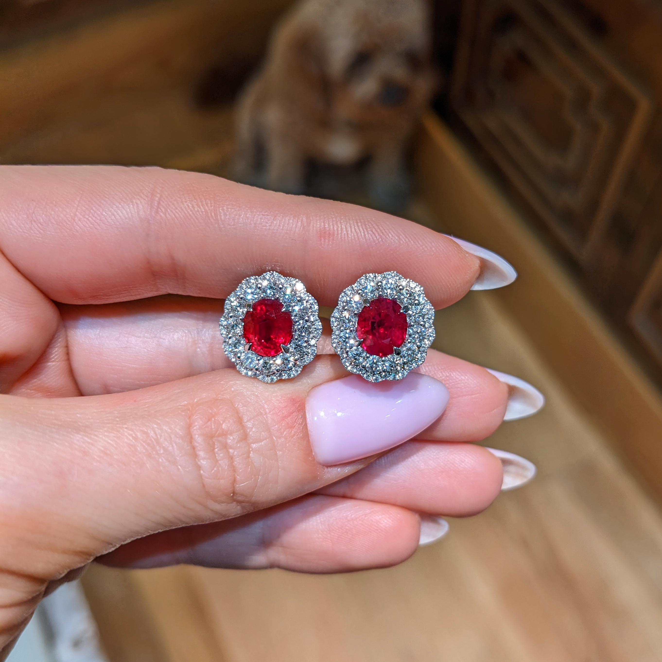 Ruby and Natural Diamond Studs Earrings - Oval 3.66 Ct. - 18K
