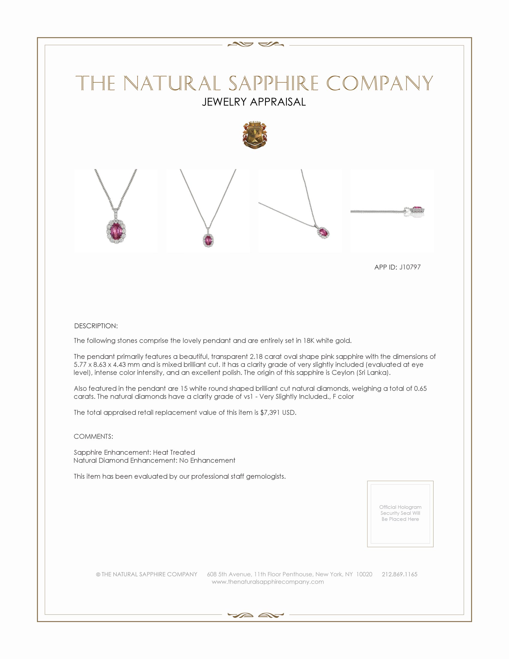 2.18 Ct. Pink Sapphire and Natural Diamond Halo Pendant, 18K White Gold