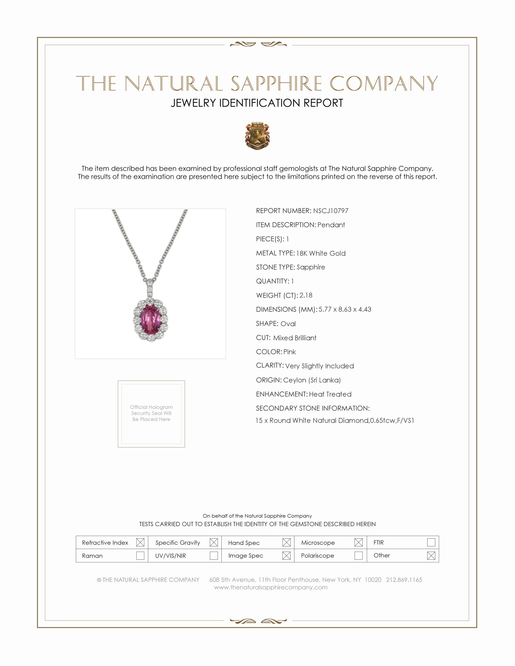 2.18 Ct. Pink Sapphire and Natural Diamond Halo Pendant, 18K White Gold