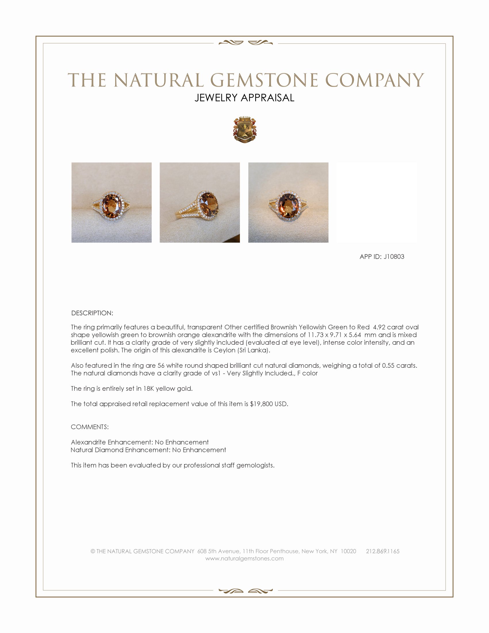 4.92 Ct. Alexandrite and Natural Diamond Pave Ring, 18K Yellow Gold