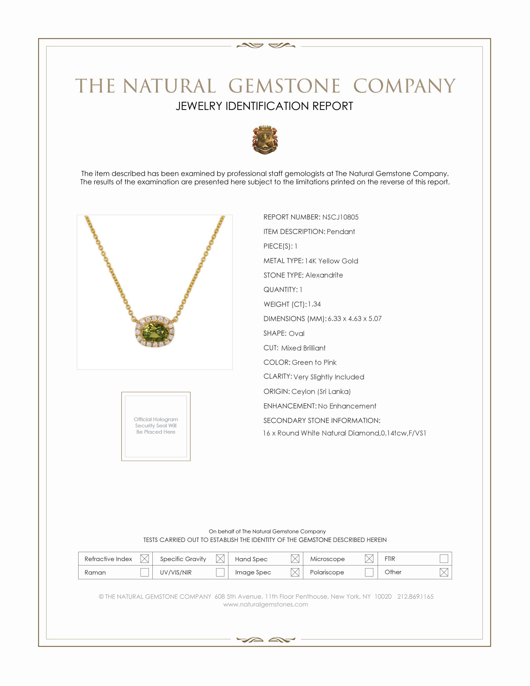 1.34 Ct. Alexandrite Natural Diamond Halo Pendant, 14K Yellow Gold