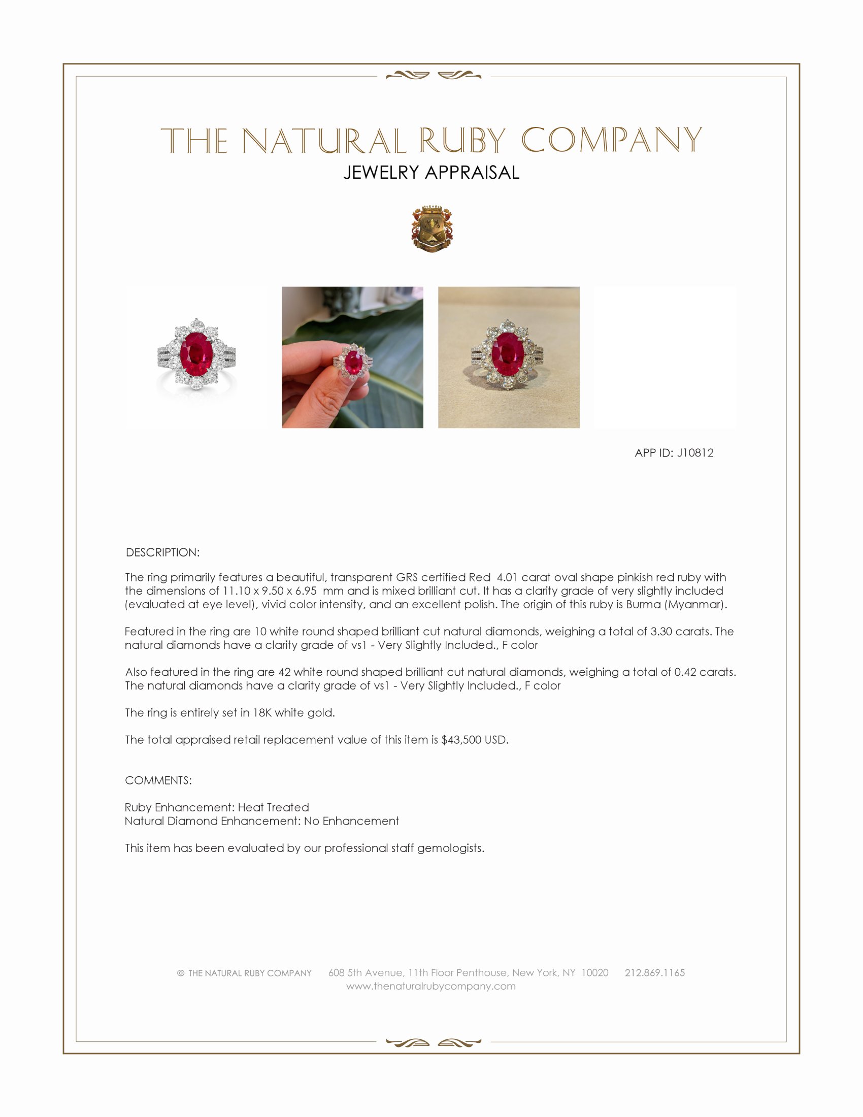 4.01 Ct. Pinkish Red Ruby and Natural Diamond Antique Style Ring, 18K White Gold