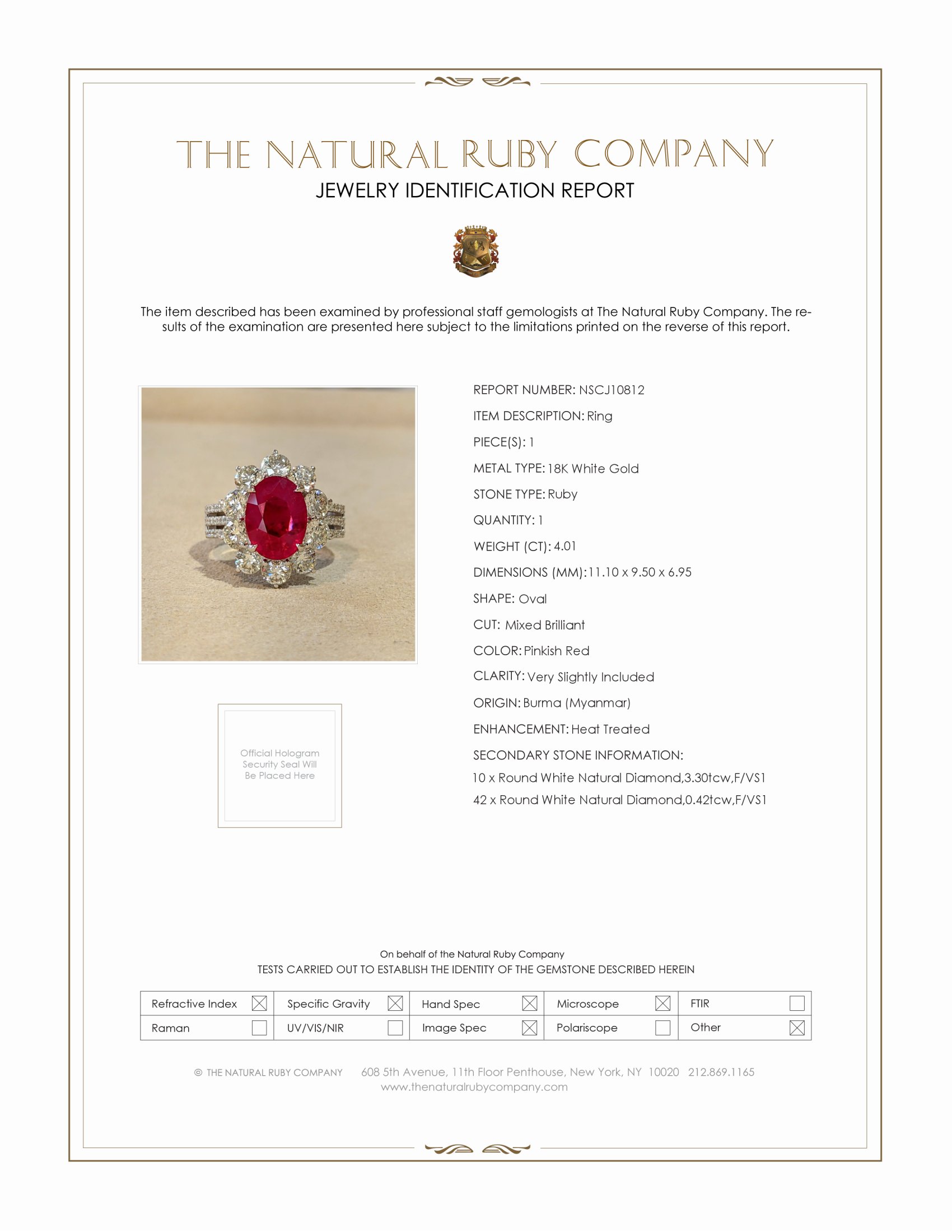 4.01 Ct. Pinkish Red Ruby and Natural Diamond Antique Style Ring, 18K White Gold