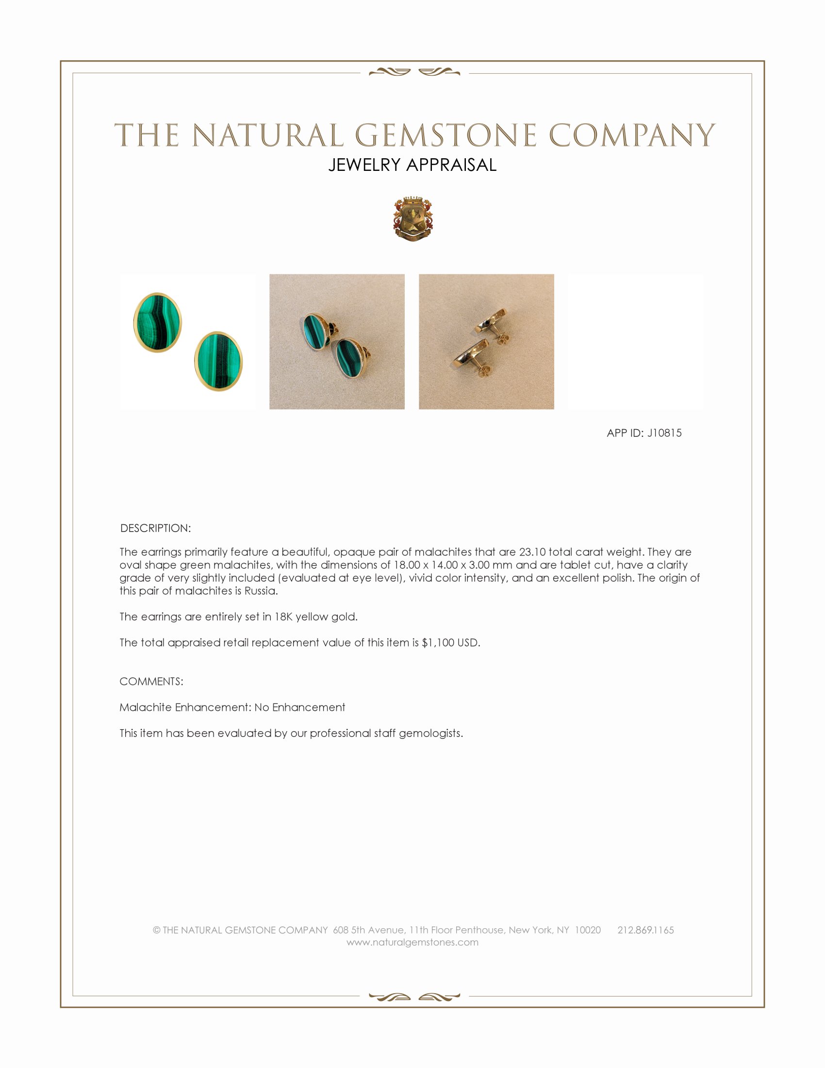 23.10 Ct.Tw. Malachite Studs Earrings, 18K Yellow Gold
