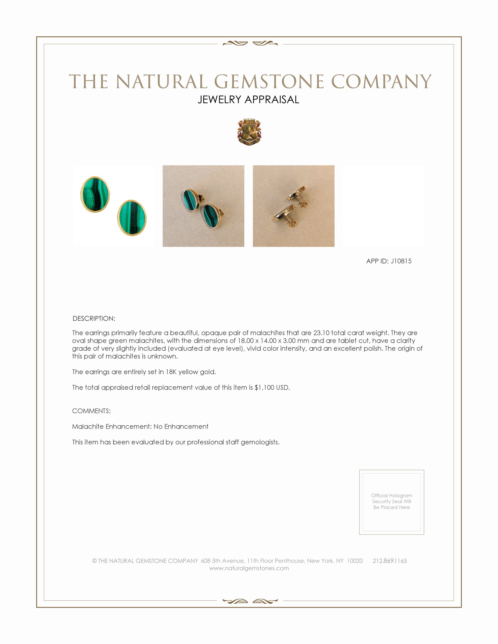 23.10 Ct.Tw. Malachite Studs Earrings, 18K Yellow Gold