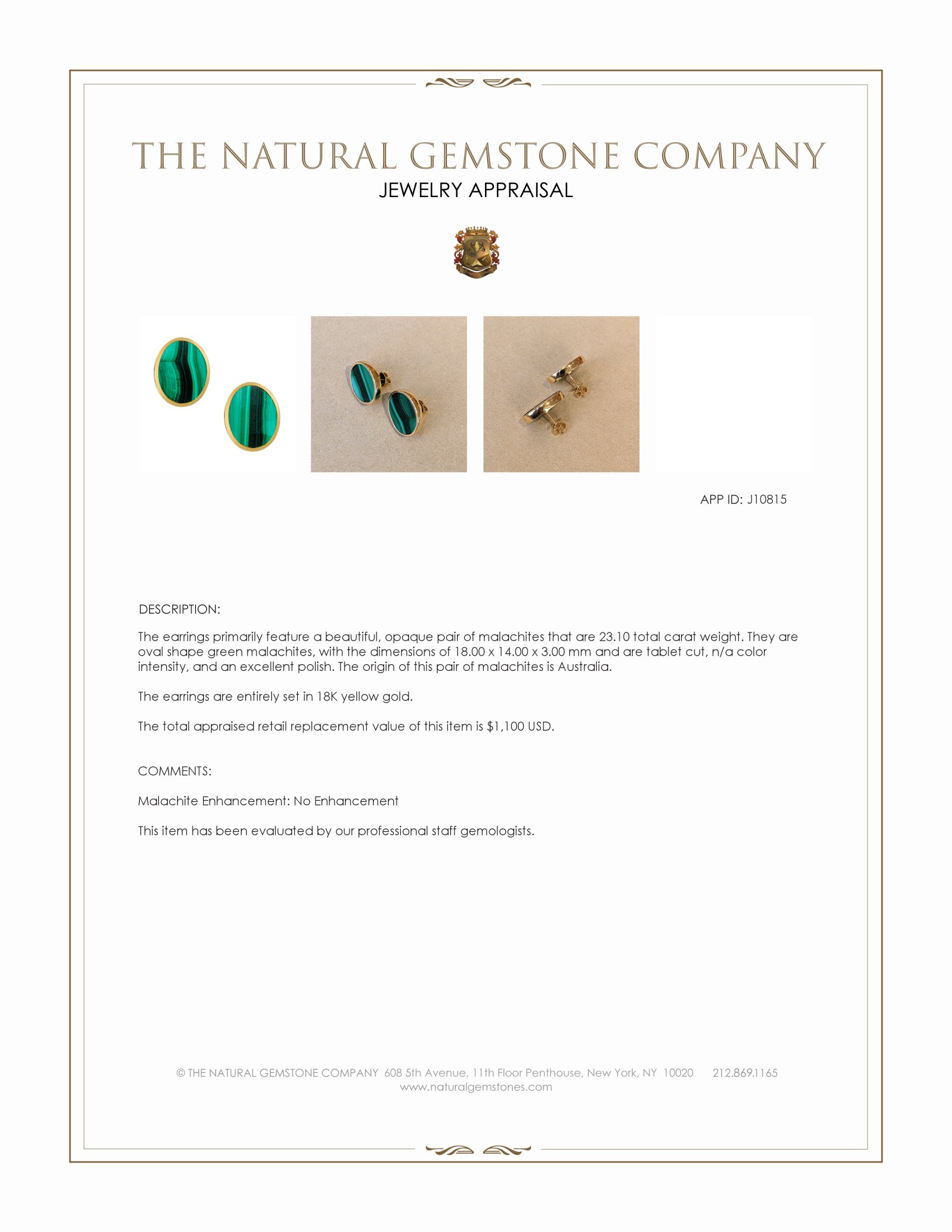 23.10 Ct.Tw. Malachite Studs Earrings, 18K Yellow Gold