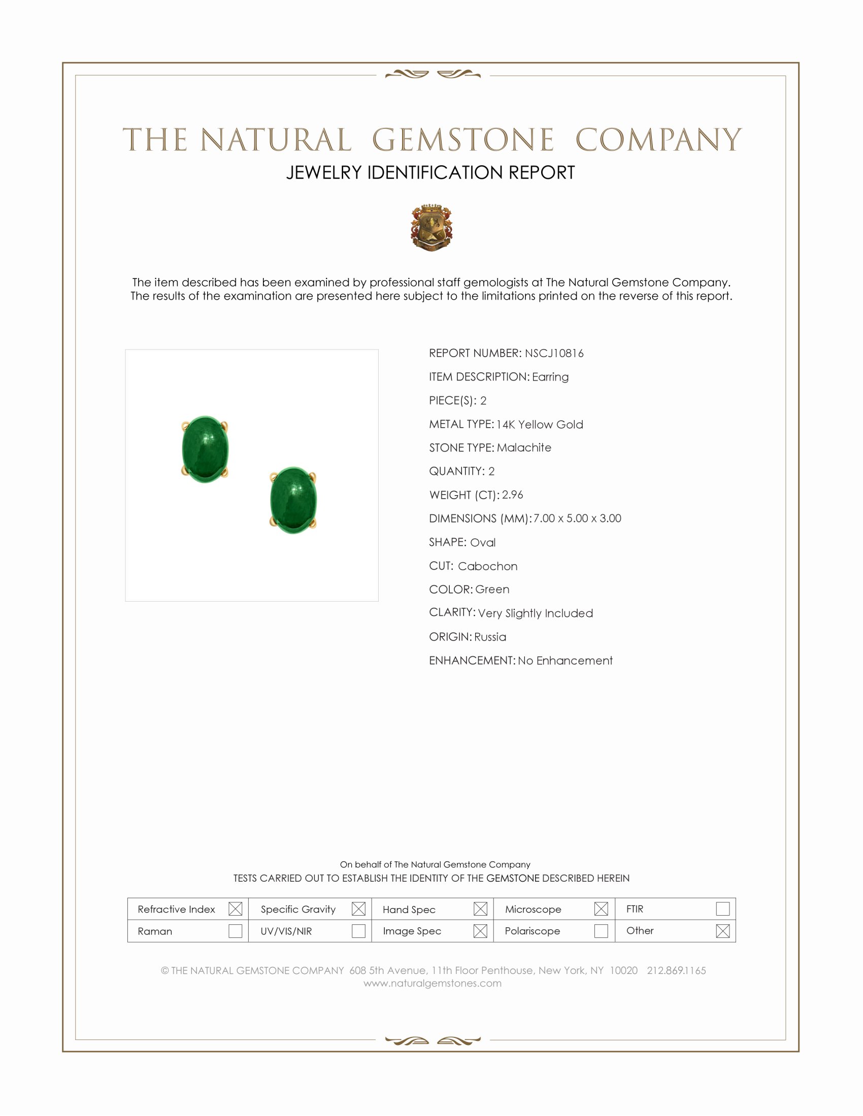 2.96 Ct.Tw. Malachite Studs Earrings, 14K Yellow Gold