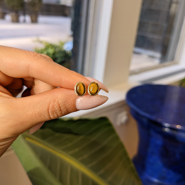 1.87 Ct.Tw. Tiger's Eye Studs Earrings, 18K Yellow Gold