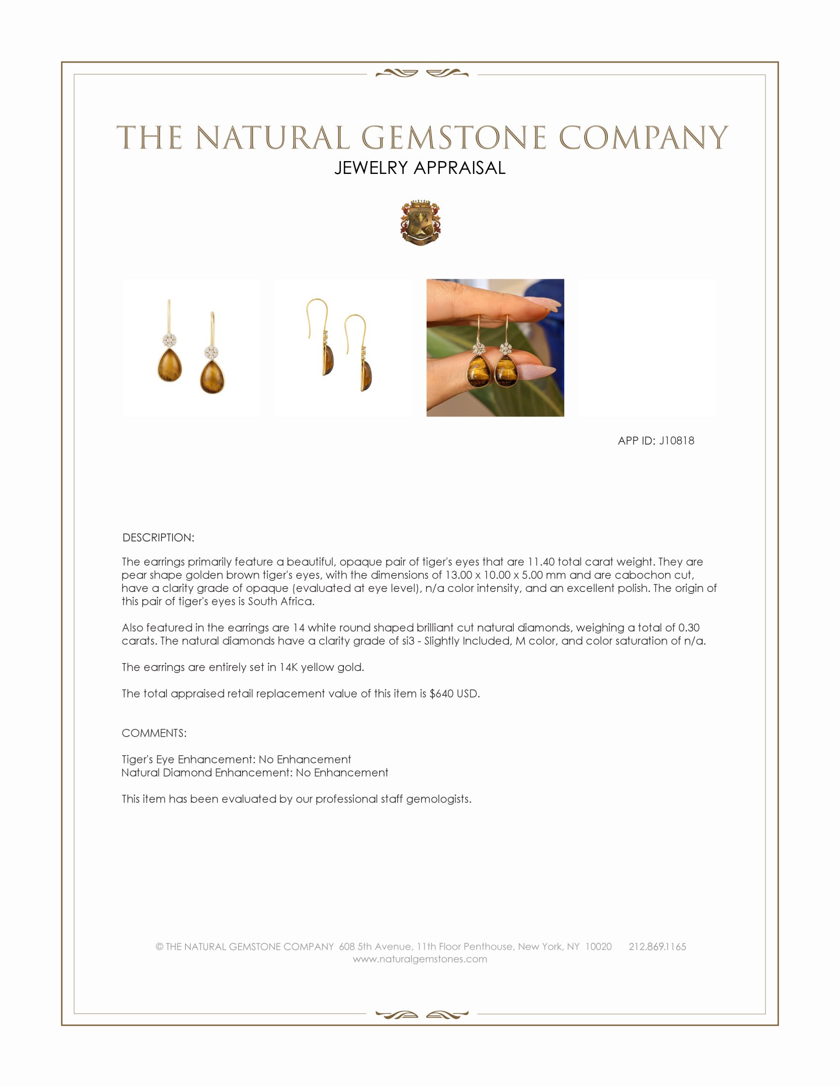 11.40 Ct.Tw. Tiger's Eye and Natural Diamond Bezel Earrings, 14K Yellow Gold
