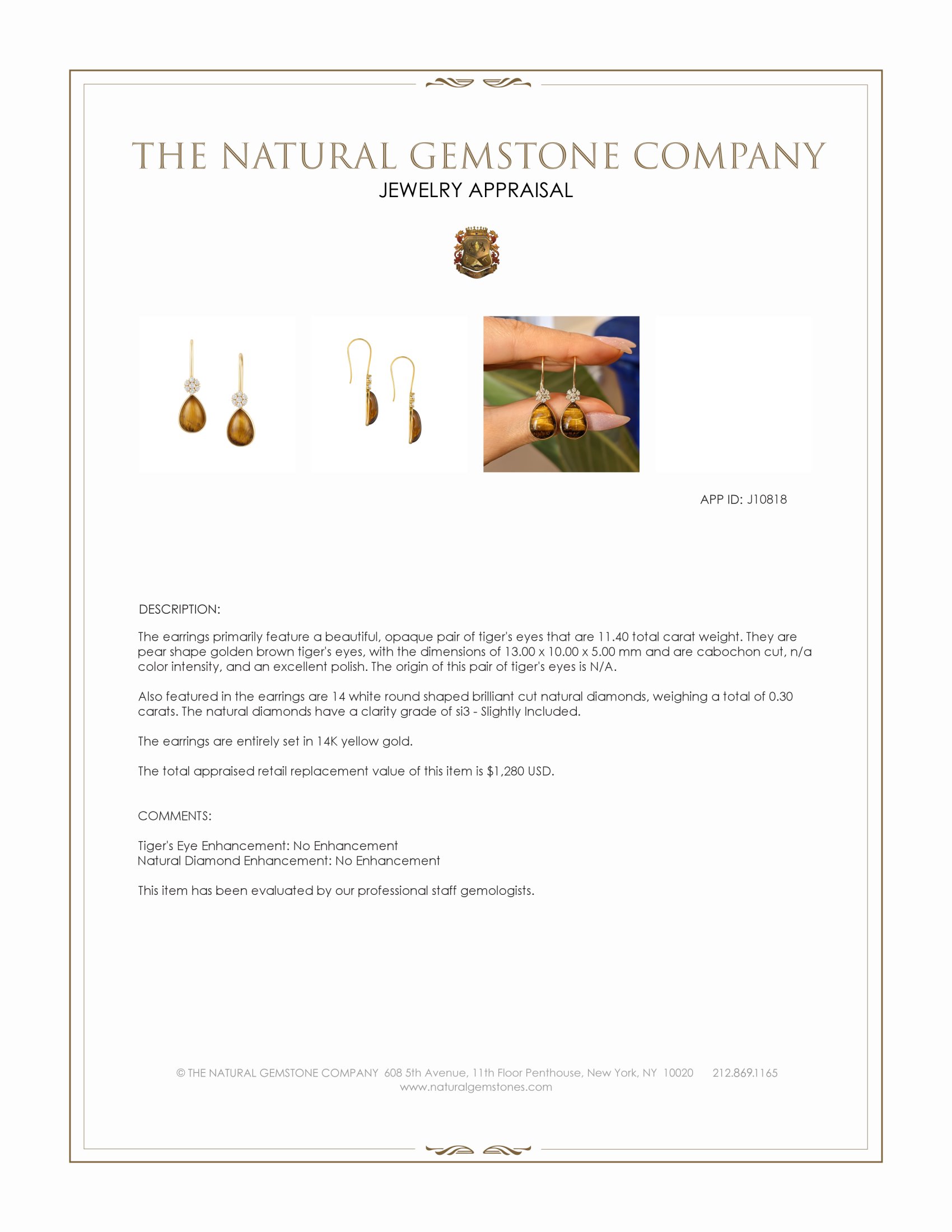 11.40 Ct.Tw. Tiger's Eye and Natural Diamond Bezel Earrings, 14K Yellow Gold