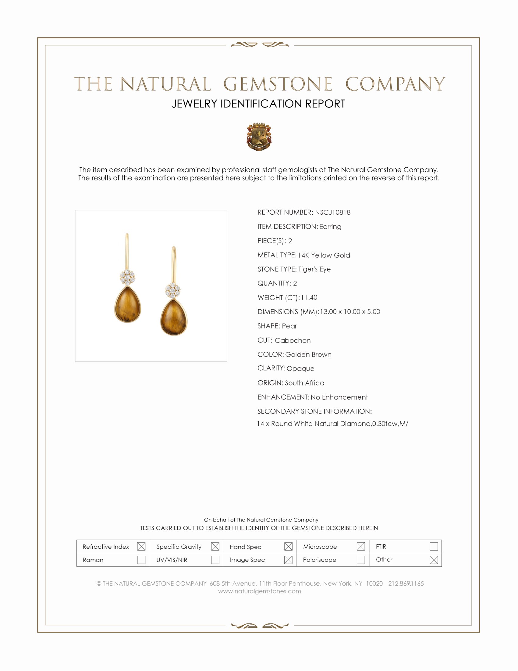 11.40 Ct.Tw. Tiger's Eye and Natural Diamond Bezel Earrings, 14K Yellow Gold