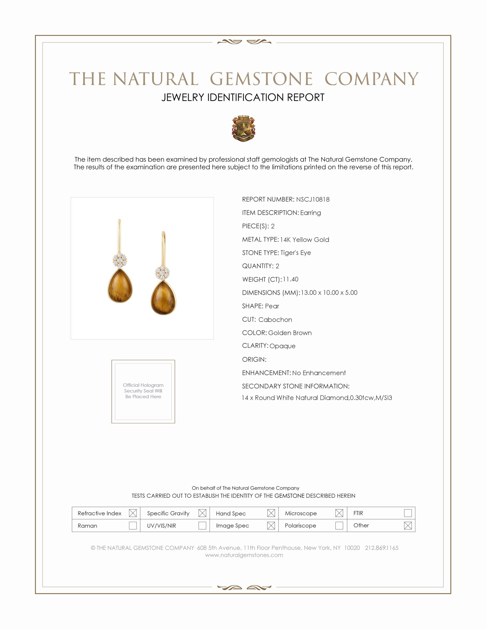 11.40 Ct.Tw. Tiger's Eye Natural Diamond Bezel Earrings, 14K Yellow Gold