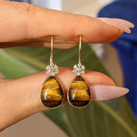 11.40 Ct.Tw. Tiger's Eye Natural Diamond Bezel Earrings, 14K Yellow Gold Image