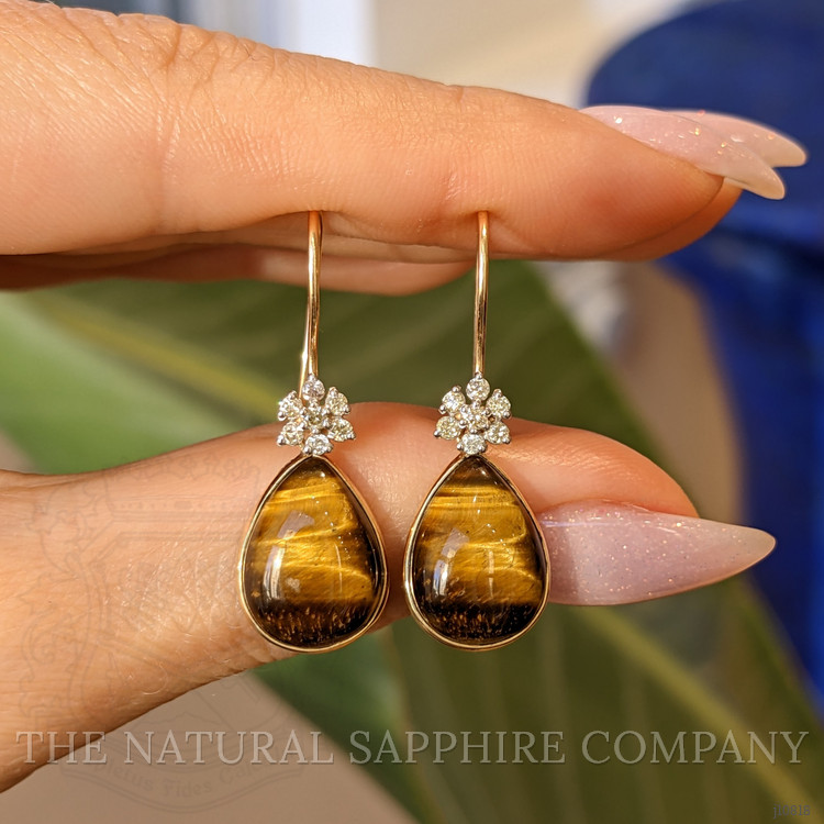 11.40 Ct.Tw. Tiger's Eye Natural Diamond Bezel Earrings, 14K Yellow Gold