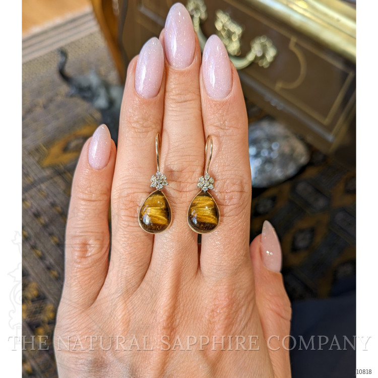 11.40 Ct.Tw. Tiger's Eye Natural Diamond Bezel Earrings, 14K Yellow Gold