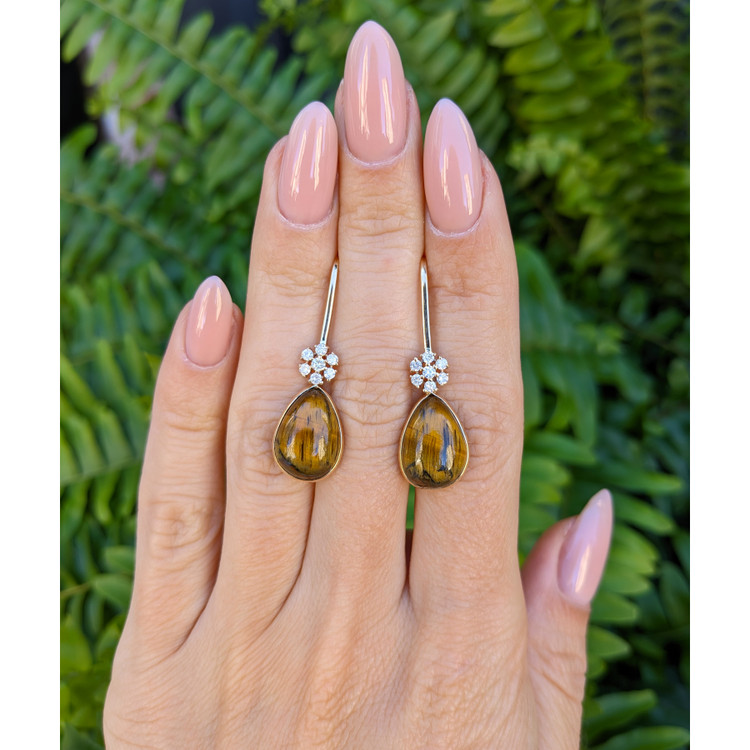 11.40 Ct.Tw. Tiger's Eye Natural Diamond Bezel Earrings, 14K Yellow Gold