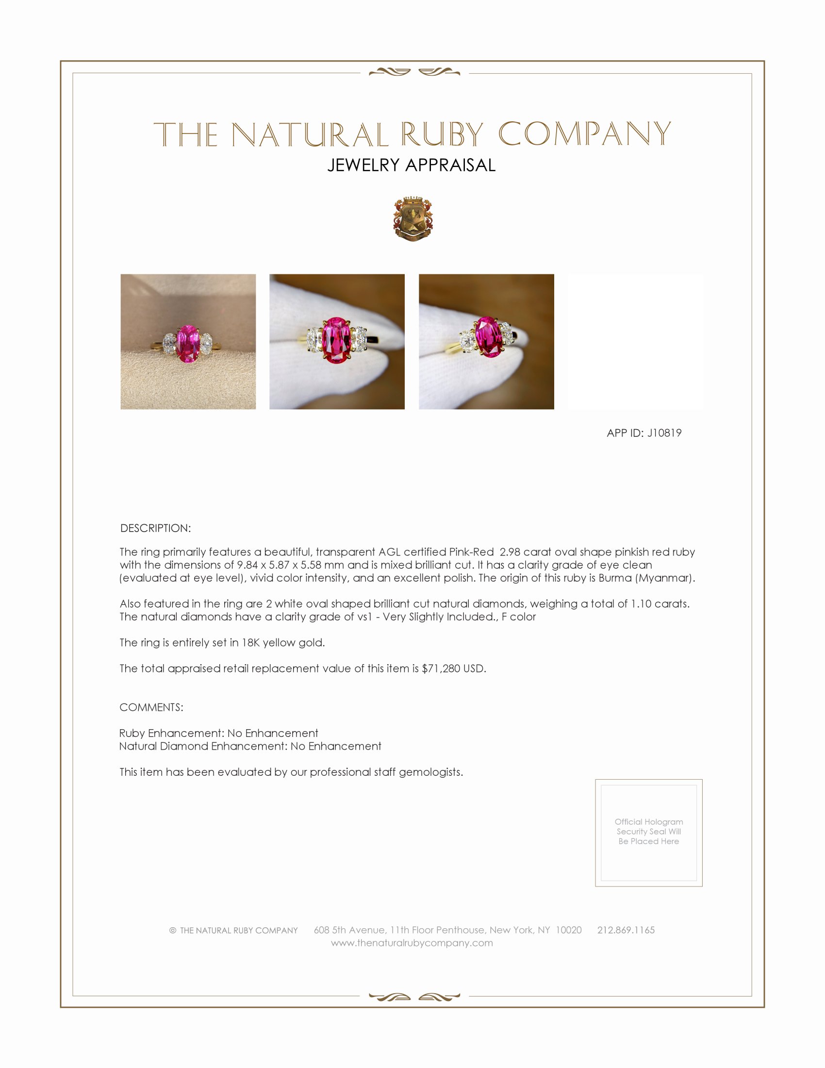 2.98 Ct. Pinkish Red Ruby and Natural Diamond Three Stone Ring, 18K Yellow Gold