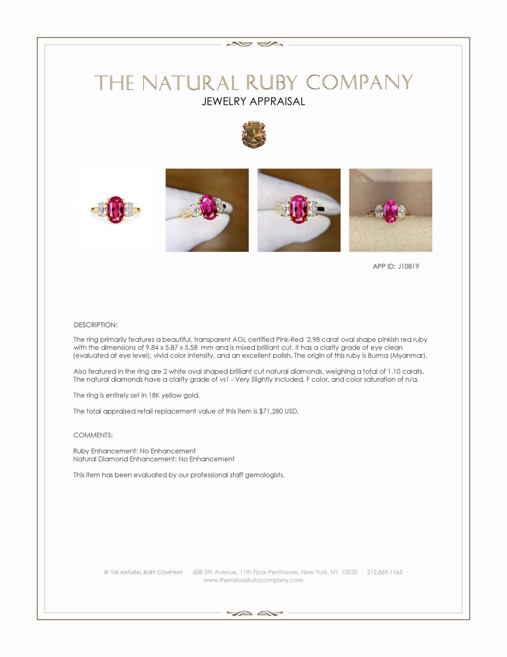 2.98 Ct. Pinkish Red Ruby and Natural Diamond Three Stone Ring, 18K Yellow Gold
