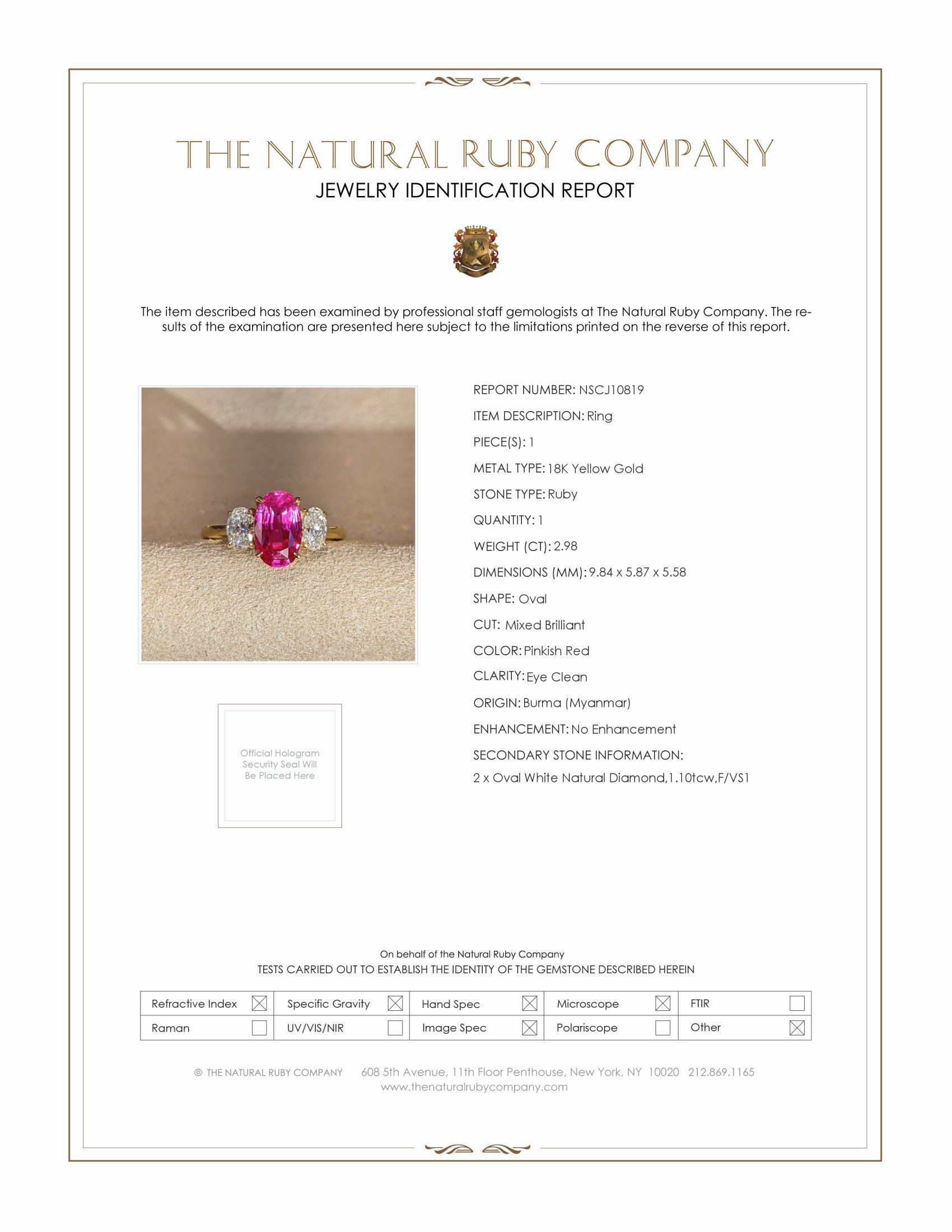 2.98 Ct. Pinkish Red Ruby and Natural Diamond Three Stone Ring, 18K Yellow Gold