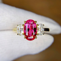 2.98 Ct. Ruby Natural Diamond Three Stone Ring, 18K Yellow Gold Image