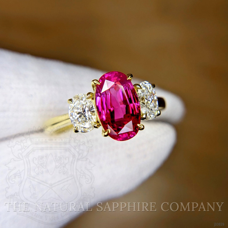 2.98 Ct. Ruby Natural Diamond Three Stone Ring, 18K Yellow Gold