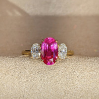 2.98 Ct. Pinkish Red Ruby and Natural Diamond Three Stone Ring, 18K Yellow Gold Image