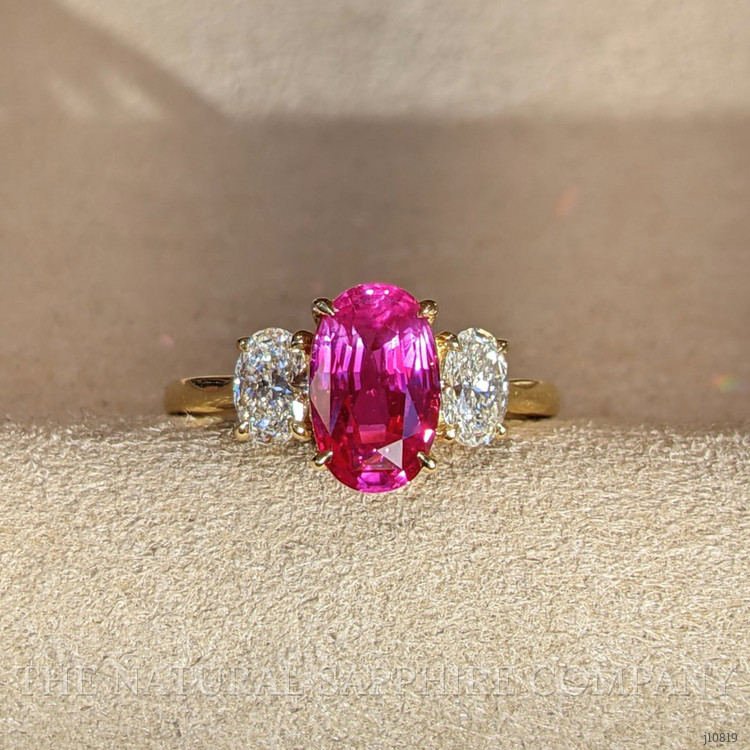 2.98 Ct. Pinkish Red Ruby and Natural Diamond Three Stone Ring, 18K Yellow Gold