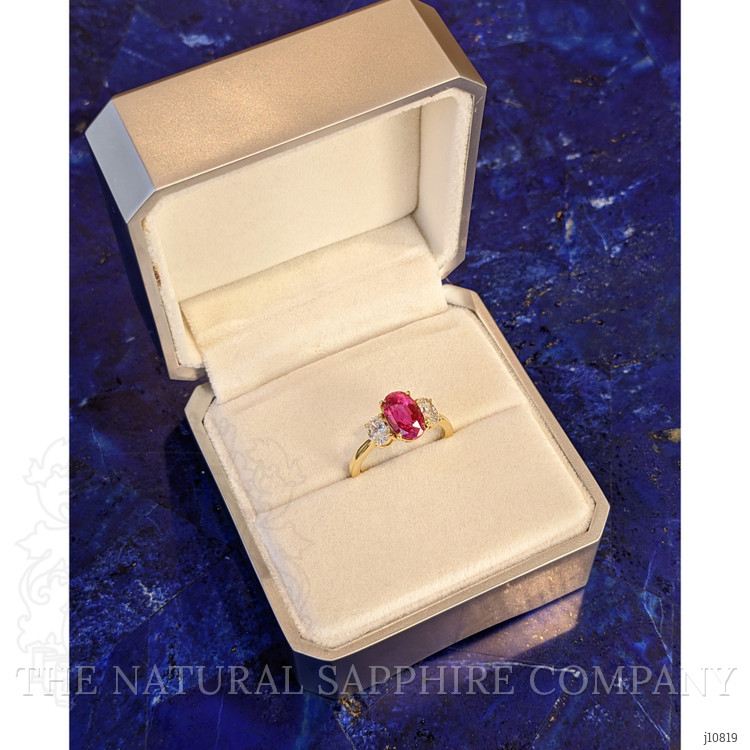 2.98 Ct. Ruby Natural Diamond Three Stone Ring, 18K Yellow Gold