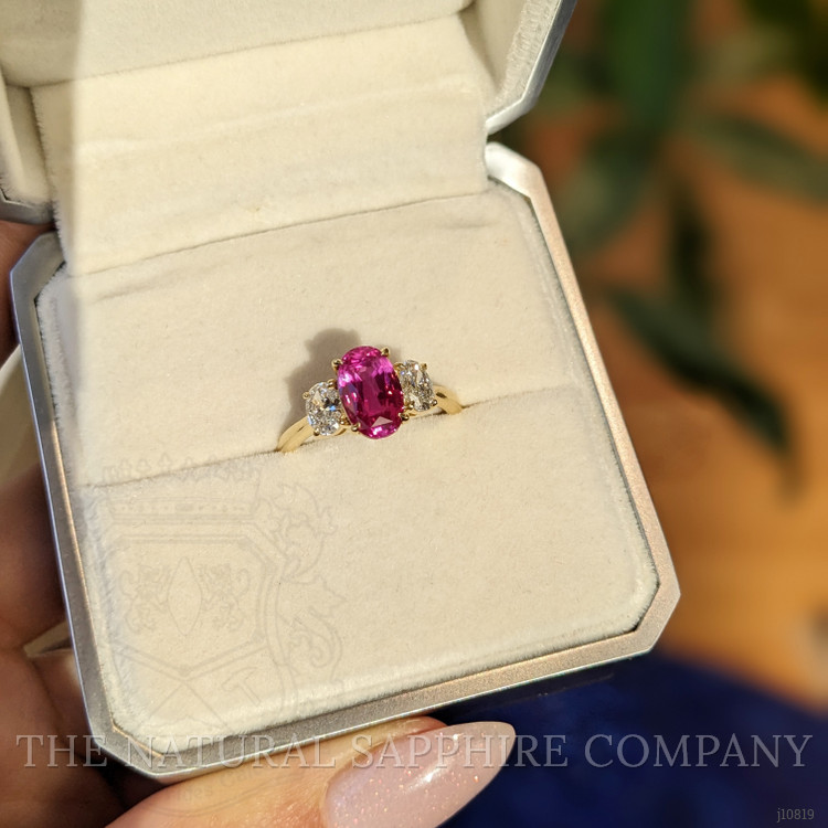 2.98 Ct. Ruby Natural Diamond Three Stone Ring, 18K Yellow Gold