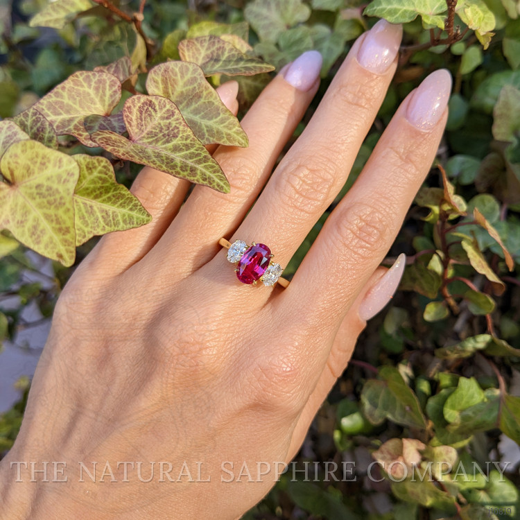 2.98 Ct. Ruby Natural Diamond Three Stone Ring, 18K Yellow Gold