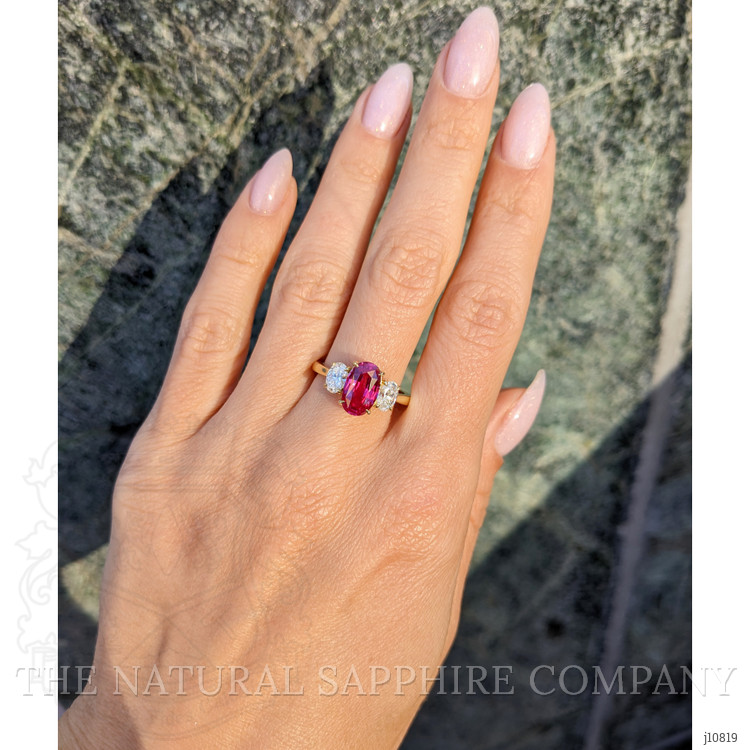 2.98 Ct. Ruby Natural Diamond Three Stone Ring, 18K Yellow Gold