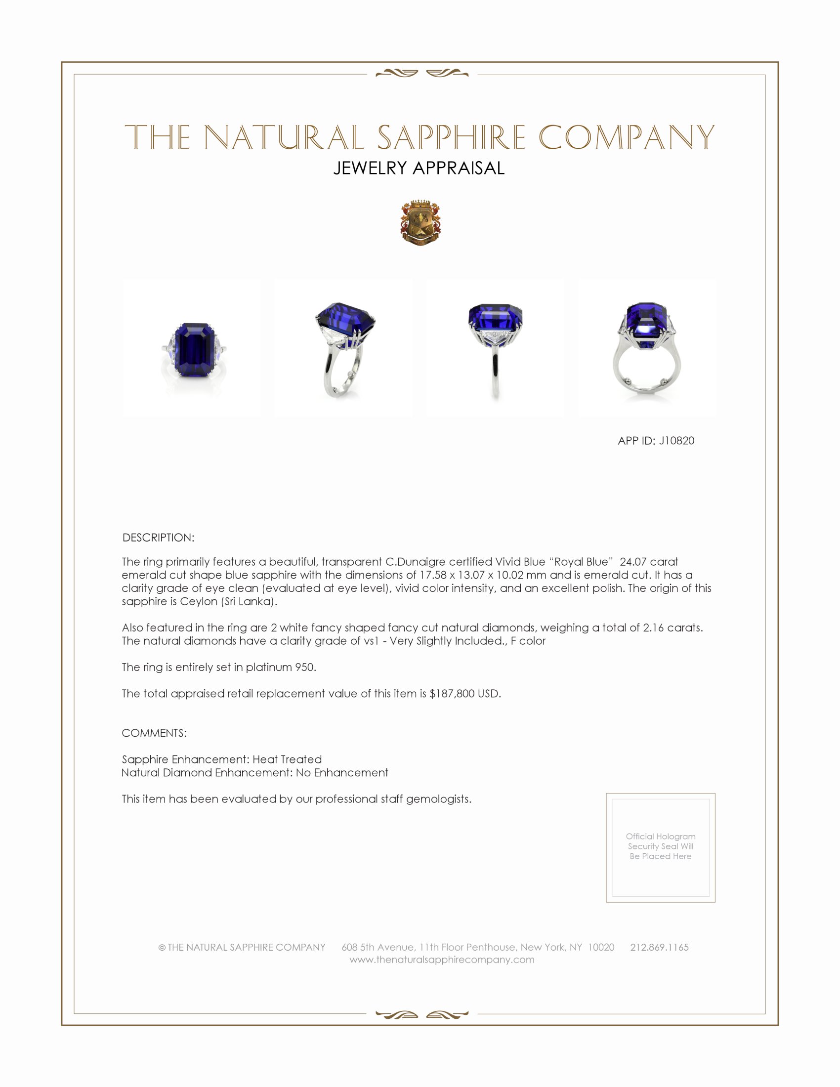 24.07 Ct. Blue Sapphire and Natural Diamond Three Stone Ring, Platinum 950